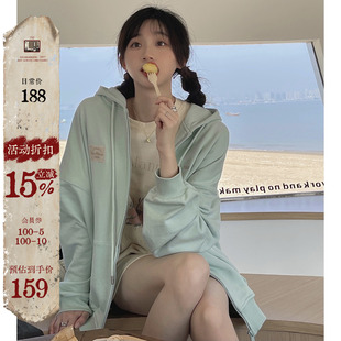 jmwomen绿色连帽卫衣外套女小个子宽松2025春秋日系慵懒开衫 上衣