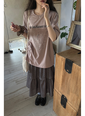 JMWOMEN 木质云紫色 粉调紫做旧字母印花短袖T恤女夏宽松圆领上衣