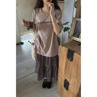 JMWOMEN 木质云紫色 粉调紫做旧字母印花短袖T恤女夏宽松圆领上衣