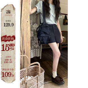 宽松简约百搭阔腿短裤 女夏季 深宝蓝色复古斜纹直筒休闲裤 JMWOMEN