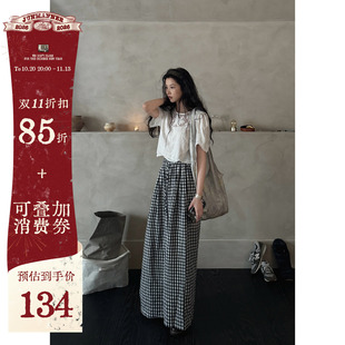 JMWOMEN 驰遛弯 黑白格子抽绳高腰休闲裤女夏宽松慵懒感阔腿长裤
