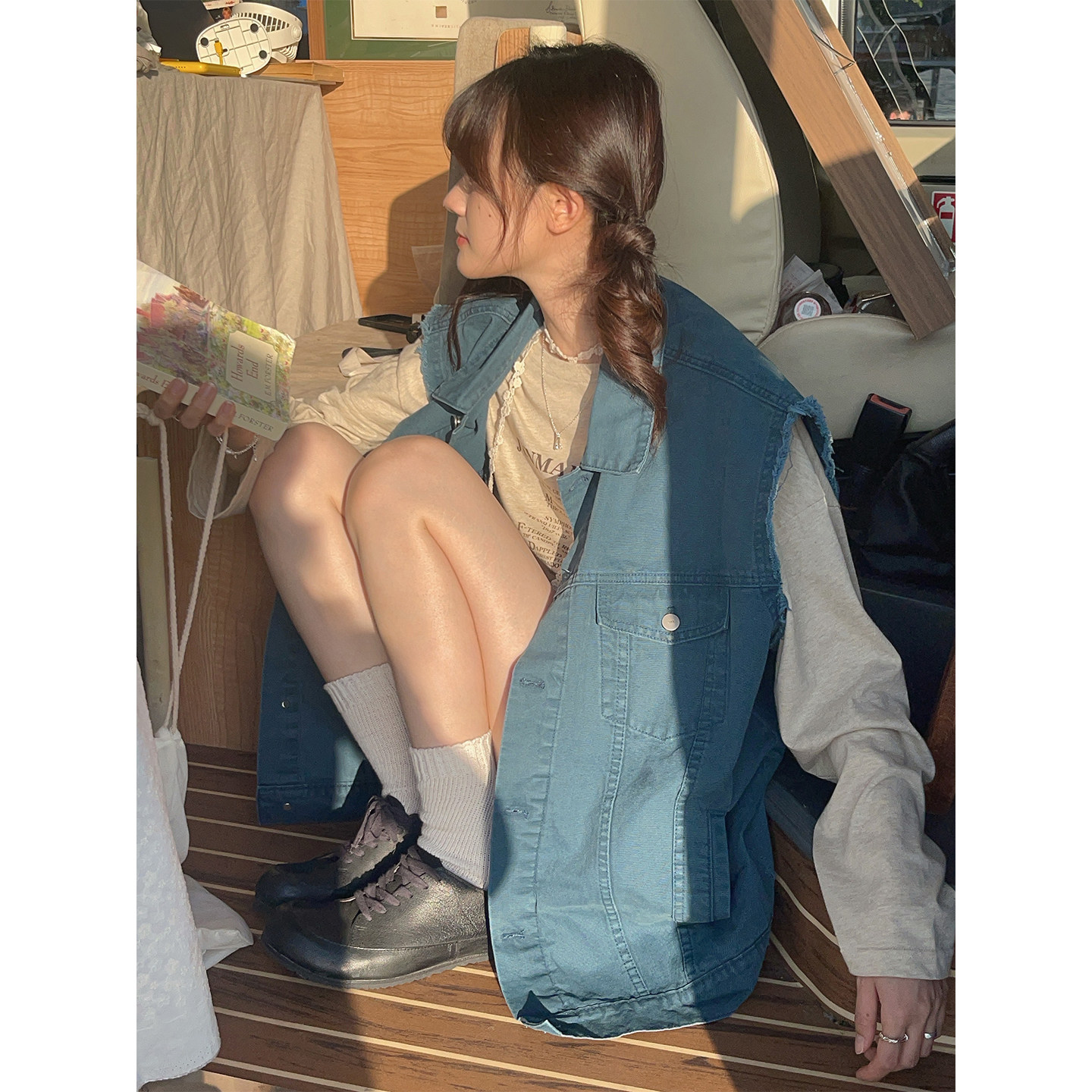 JMWOMEN水洗海湾蓝 复古毛边马甲女2026秋季宽松百搭无袖翻领外套