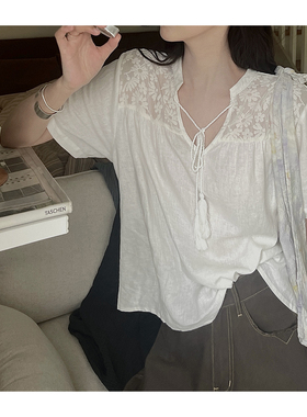 JMWOMEN 白色复古拼接蕾丝碎花亚麻短袖衬衫女夏新款宽松绑带上衣