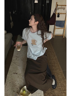 JMWOMEN diy有趣的茶包 蓝色刺绣短袖印花T恤女夏季纯棉宽松上衣
