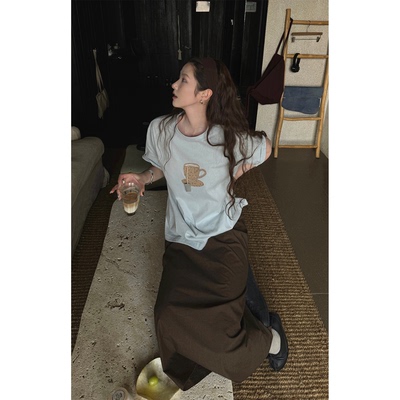 原创艺术感T恤蓝色手绘小宽松