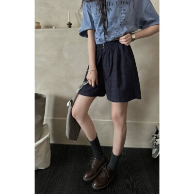 JMWOMEN深宝蓝色格子高腰休闲裤