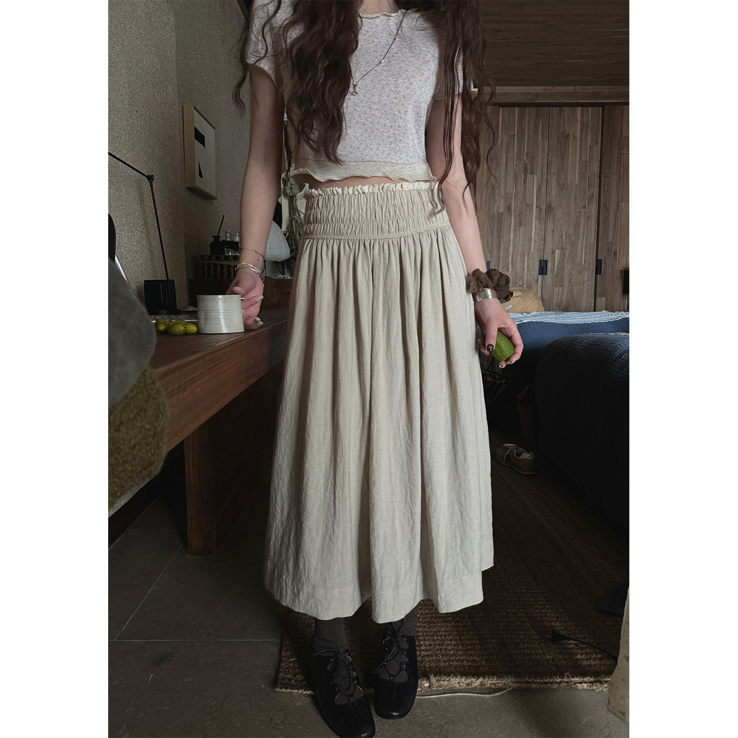 JMWOMEN"水洗亚麻米"蕾丝边褶皱高腰半身裙女夏季松紧腰抗皱a字裙