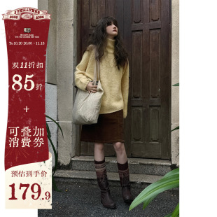 JMWOMEN 多巴胺鹅黄色高领毛衣女秋冬加厚宽松软糯不规则下摆上衣