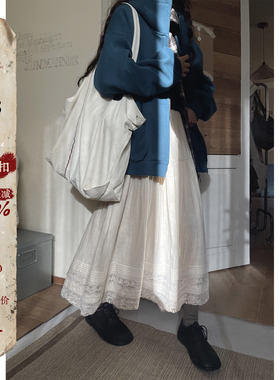 JMwomen森系杏色棉麻蕾丝半身裙女春秋2025复古宽松a字中长款长裙