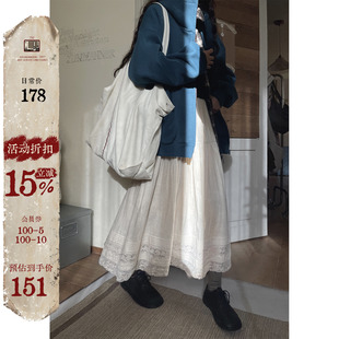 JMwomen森系杏色棉麻蕾丝半身裙女春秋2025复古宽松a字中长款 长裙
