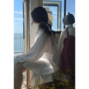 JMWOMEN手袖绑带 复古蕾丝碎花长袖衬衫女春纯棉宽松镂空翻领上衣