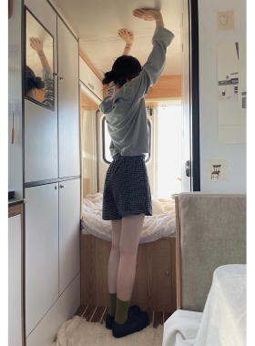 JMWOMEN 蓝色复古格子抽绳高腰休闲裤女2026春宽松松紧腰直筒短裤