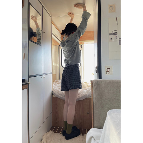 JMWOMEN松紧腰蓝色格子抽绳短裤