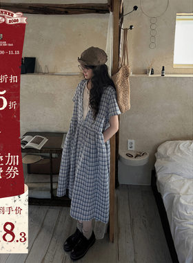 JMWOMEN蓝色复古格子拼接式短袖连衣裙女夏宽松假两件设计a字长裙