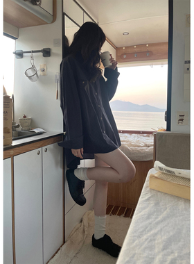 JMWOMEN深邃宝蓝色 小口袋条纹长袖衬衫女2026春宽松慵懒翻领上衣