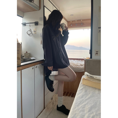 JMWOMEN深邃宝蓝色 小口袋条纹长袖衬衫女2026春宽松慵懒翻领上衣