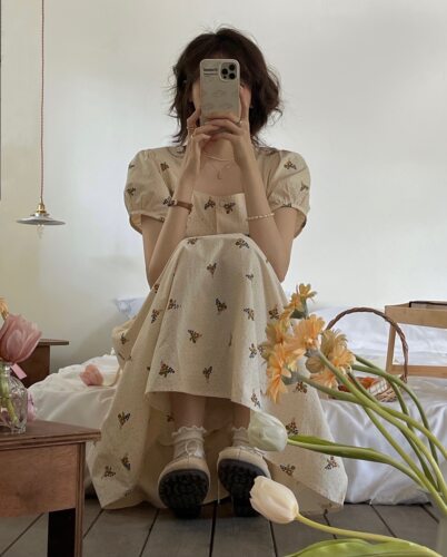 jmwomen方领碎花连衣裙复古