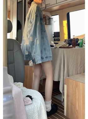 JMWOMEN彩线破洞设计 蓝色复古牛仔外套女2026秋薄款宽松百搭外套