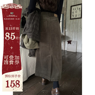 JMWOMEN墨绿色复古灯芯绒高腰半身裙女冬季加厚宽松后开叉a字长裙