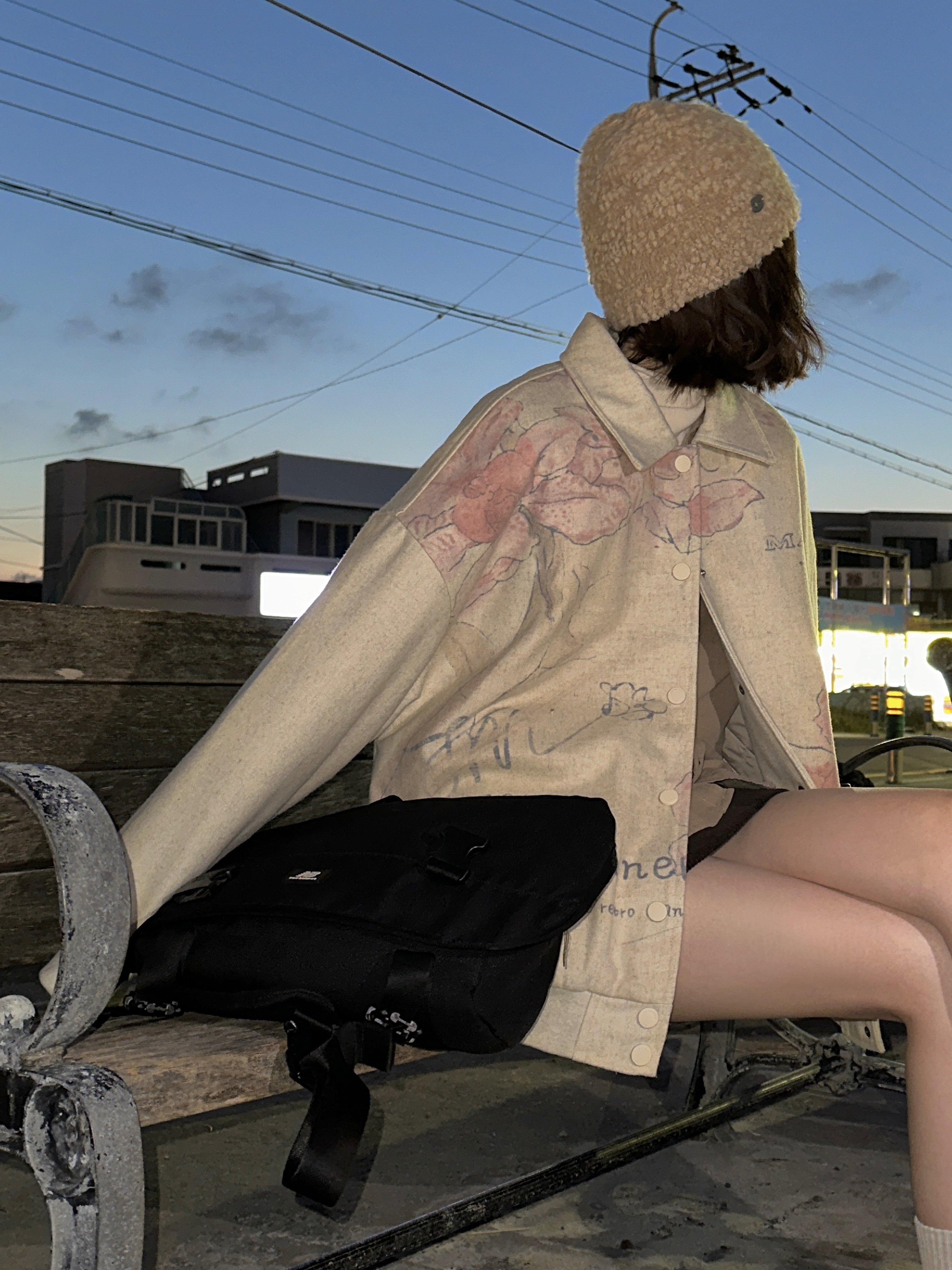 jmwomen日系复古字母印花毛呢外套女冬宽松显瘦保暖bf慵懒风大衣