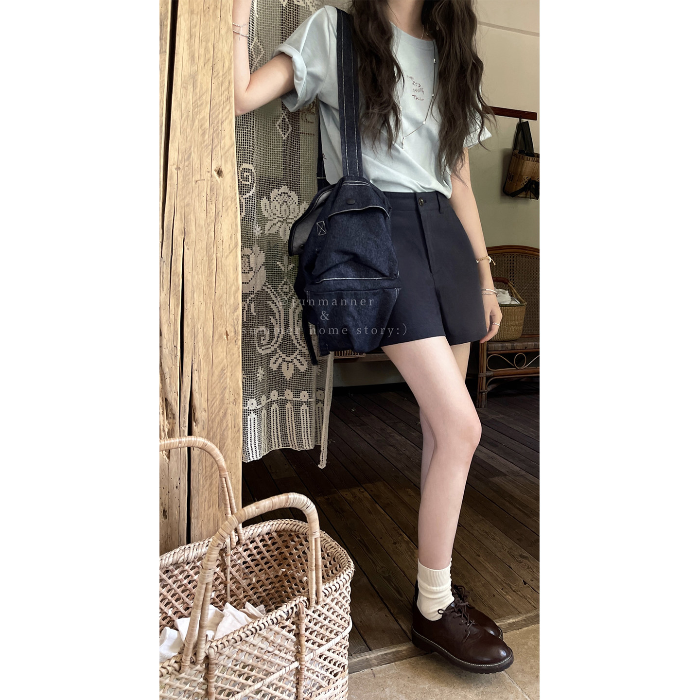 JMWOMEN 深宝蓝色复古斜纹直筒休闲裤女夏季宽松简约百搭阔腿短裤