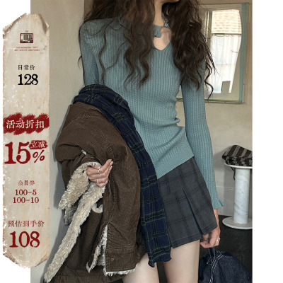 JMWOMEN 绿色复古细麻花木耳边针织毛衣女冬修身显瘦简约打底上衣