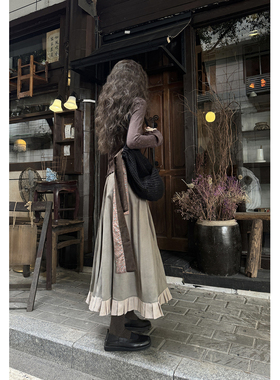 JMWOMEN「秋季厚度」豆灰色拼淡米条纹百褶半身裙女冬宽松a字长裙