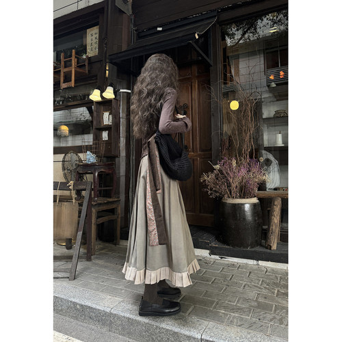 JMWOMEN 豆灰色拼接淡米条纹百褶中长款半身裙女春秋宽松a字长裙