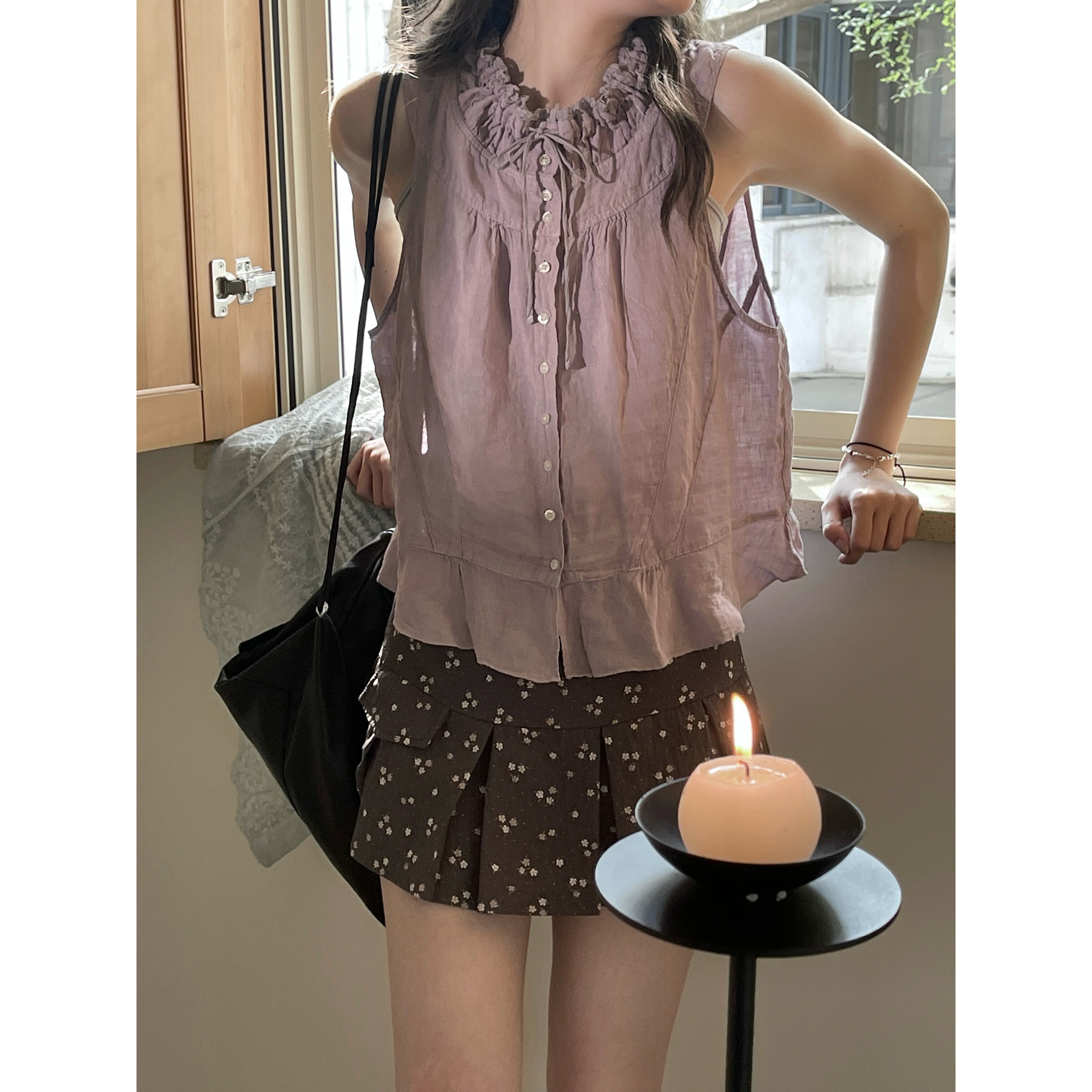 JMWOMEN 原生亚麻 豆蔻冷调紫系带无袖衬衫女夏薄款宽松复古上衣