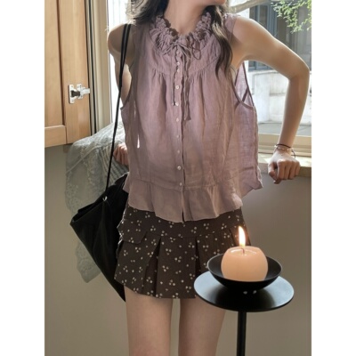 JMWOMEN复古系带无袖衬衫两件套