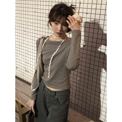 JMWOMEN蕾丝绑带条纹长袖