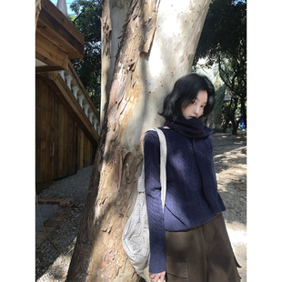 JMWOMEN 深宝蓝色麻花围脖针织毛衣女冬加厚宽松慵懒软糯圆领上衣