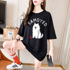 Real shot pure cotton large women's summer Korean loose weight medium length short sleeve shirt