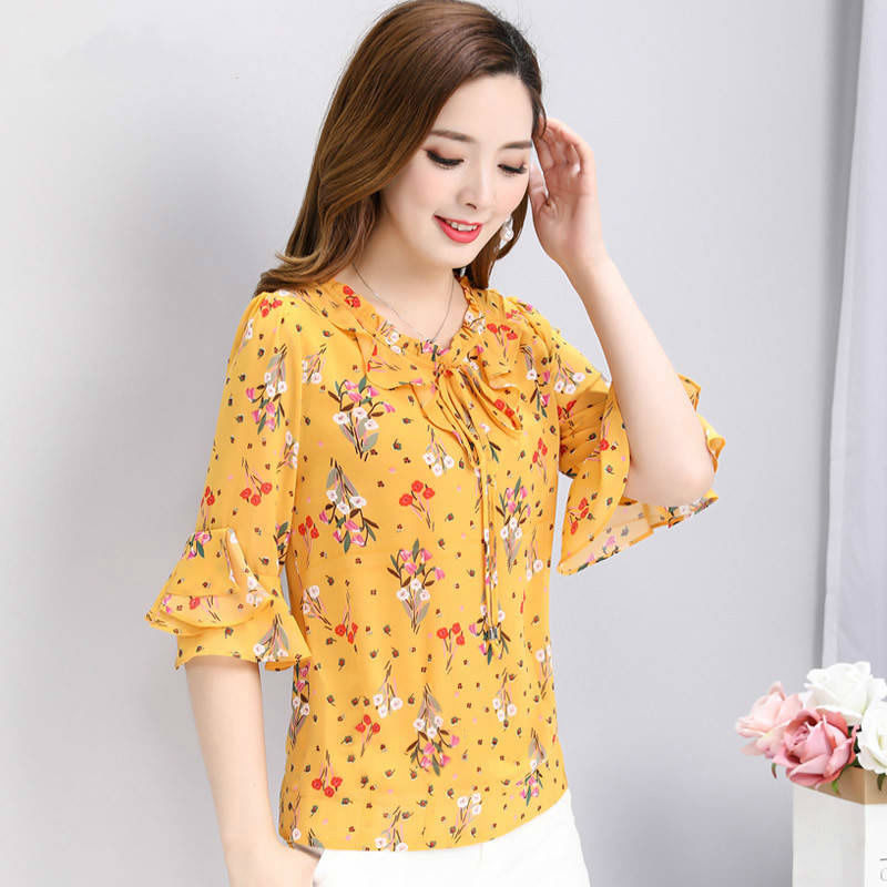 Summer new mid sleeve belly covering women's dress foreign style small shirt large size temperament small Floral Chiffon Top