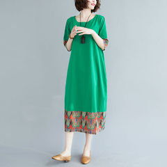Summer ethnic style retro color contrast stitching printed short sleeve dress large size loose age reducing medium length skirt for women