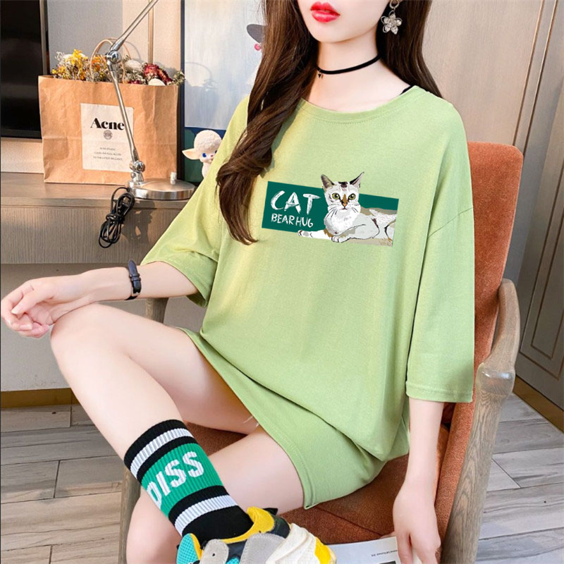 Cotton large women's summer Korean loose fat sister medium long short sleeve T-shirt