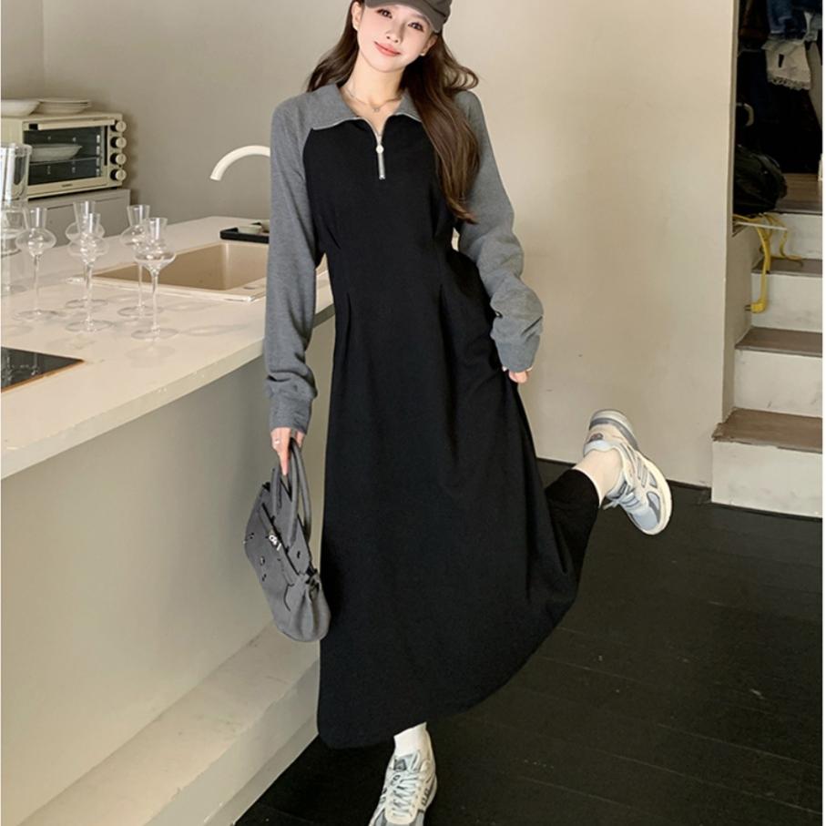 大码胖mm穿搭连衣裙宽松显瘦长袖秋冬打底裙子收腰a字卫衣裙长裙