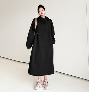 纯色简约连帽加绒加厚连衣裙2023新款秋冬大码女装慵懒风卫衣长款