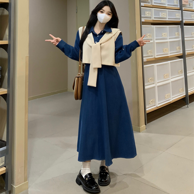 大码学院风套装女秋季新款针织毛衣马甲设计感衬衫连衣裙两件套