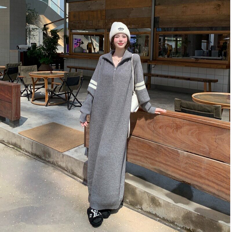 超长立领针织连衣裙女冬季慵懒风时尚休闲直筒遮肚毛衣长款裙子