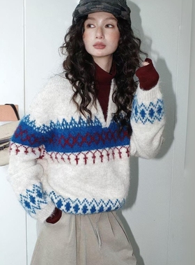 Monday JA 费尔岛拼色慵懒软糯羊毛衣女秋冬宽松假两件圣诞针织衫