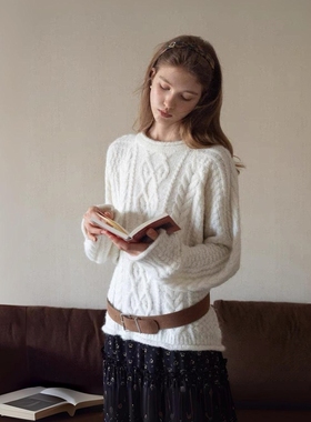 Monday JA 新品92折 白色慵懒麻花毛衣女秋冬季法式圆领针织上衣
