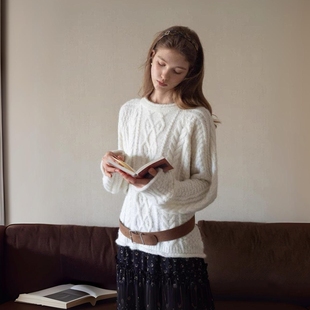 Monday JA 白色慵懒麻花毛衣女秋冬季法式圆领宽松毛针织衫上衣