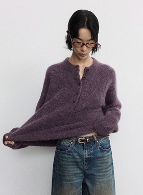 Monday JA 复古慵懒紫色毛衣女秋冬羊驼毛半纽扣宽松粉色针织上衣