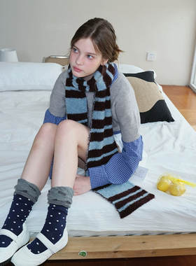 Monday JA 韩系复古条纹围巾女秋冬季圈圈柔软撞色氛围感毛线围脖