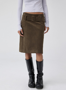 Monday JA 复古麂皮绒感腰带半身裙女秋冬季气质修身中裙半裙子