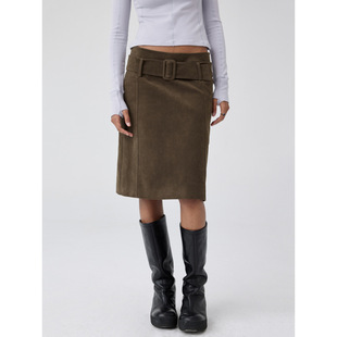 Monday JA 复古麂皮绒感腰带半身裙女秋冬季气质修身中裙半裙子