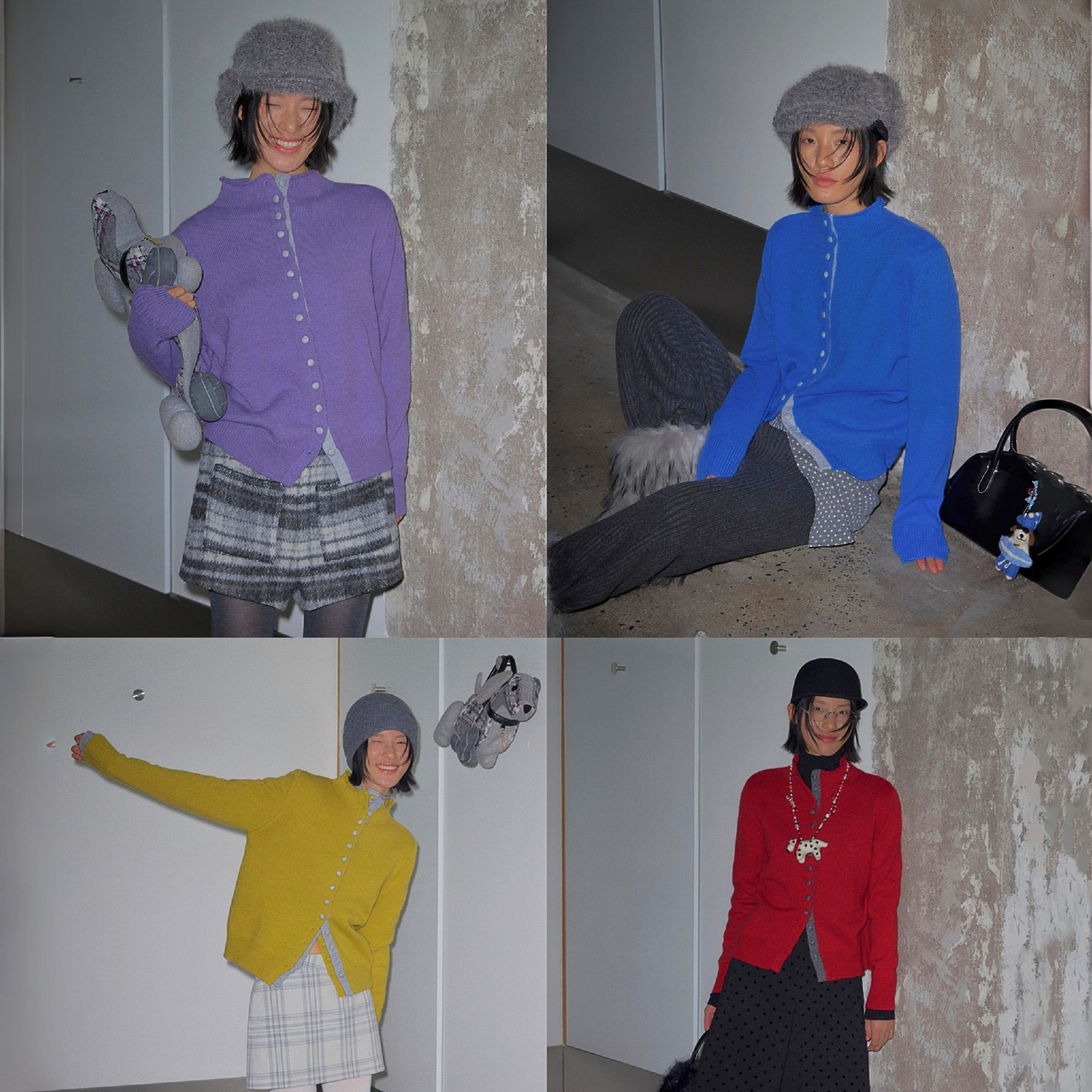 Monday JA 复古撞色半高领毛衣开衫女 秋冬季温柔氛围感针织外套