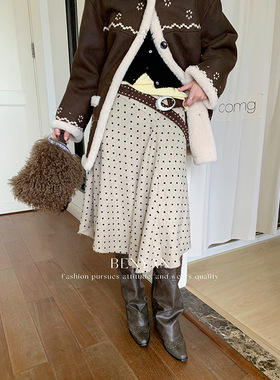 Monday JA 弗拉明戈 复古羊毛波点半身裙女秋冬季高腰褶皱a字裙子
