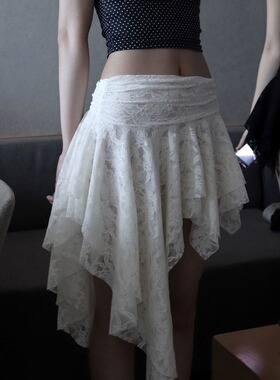 Monday JA 白色不规则钩花叠穿设计感蕾丝裙休闲半身裙显瘦短裙子